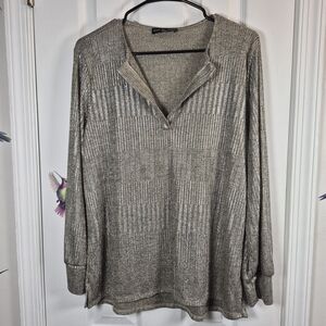 Kim & Cami L Gold Metallic Ribbed Long Sleeve Shirt Sparkly Glam
